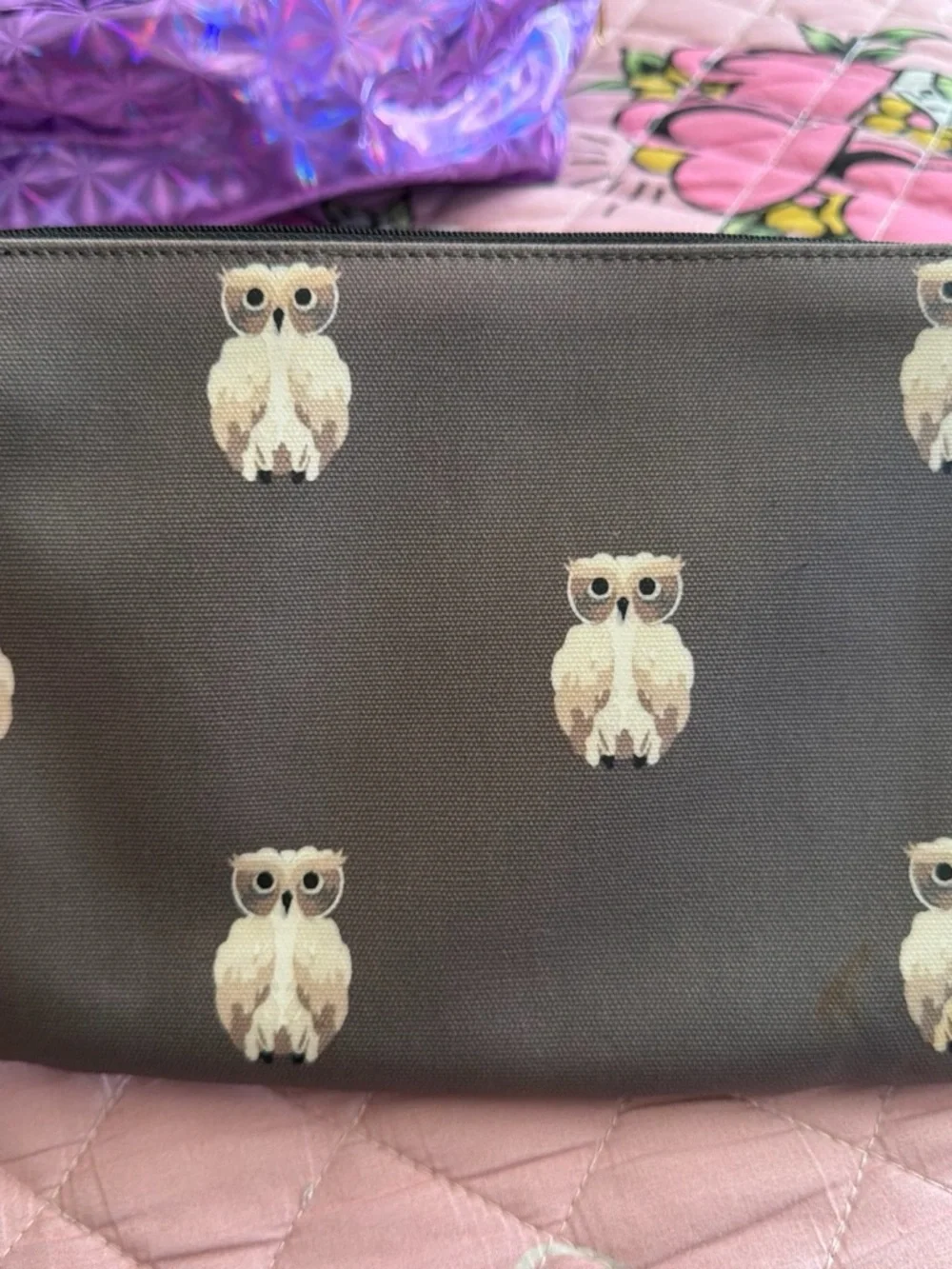 kate spade Canvas Clutch with Owl Print - Taupe and Cream Accents